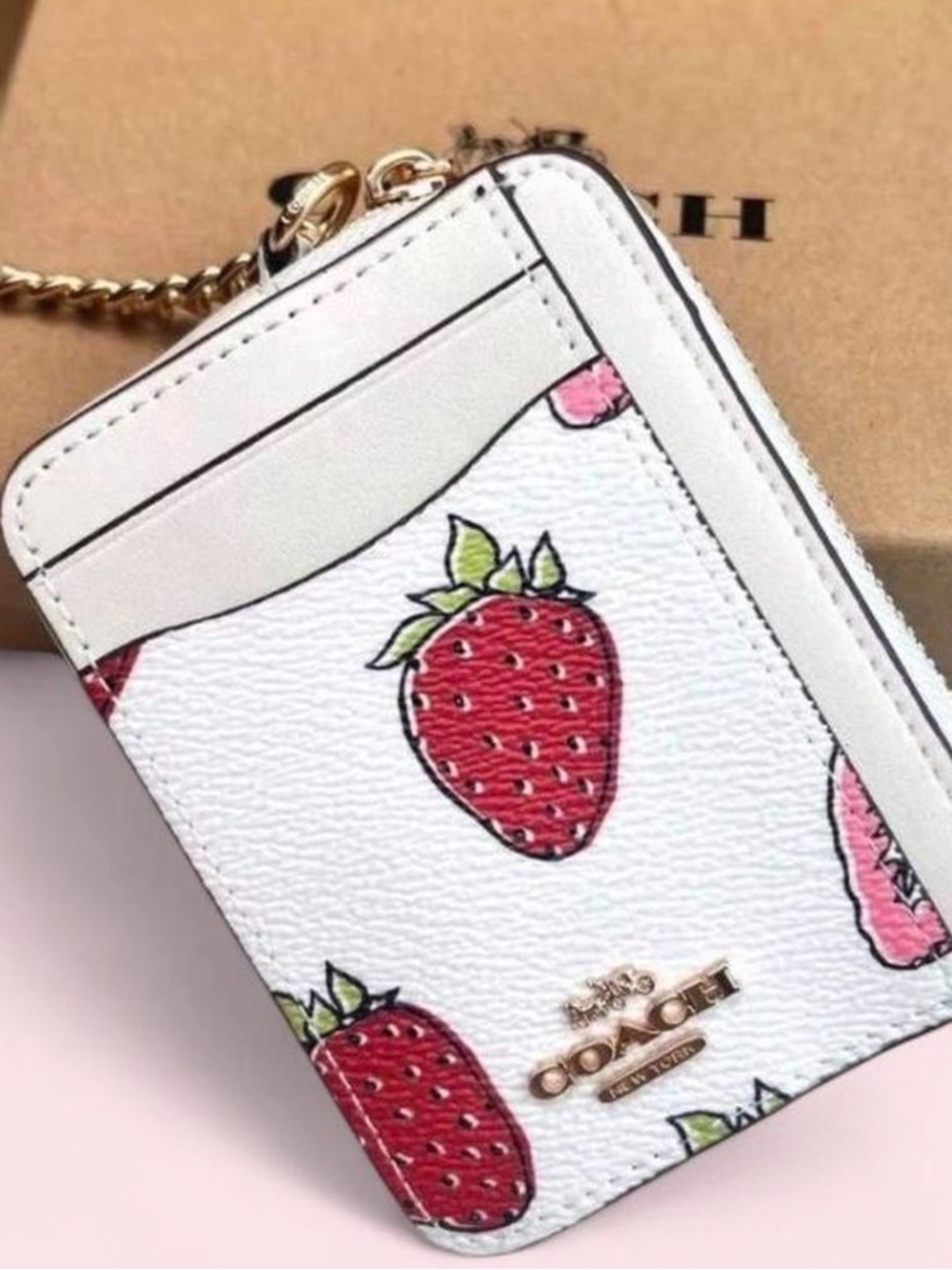Coach White & Red Strawberry Card Case with Gold Hardware